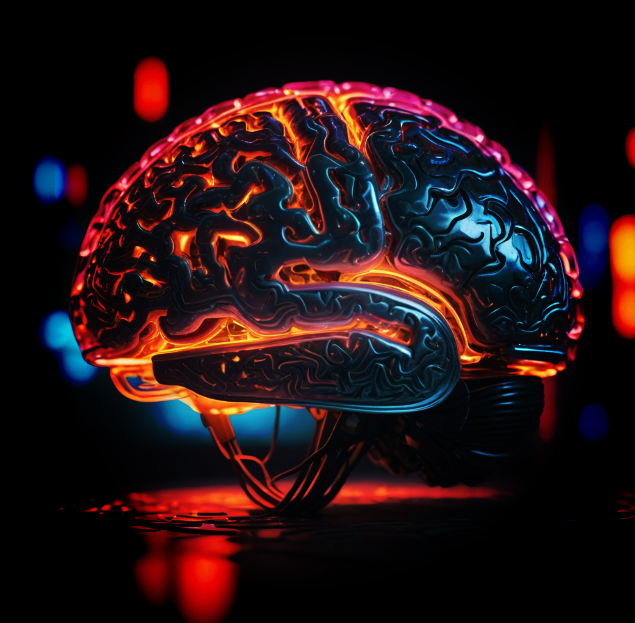 dark metallic brain with wires on the bottom
