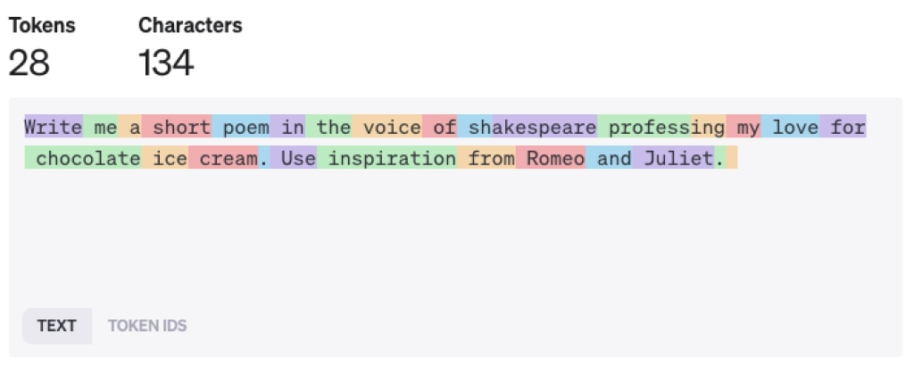 AI assigning tokens to words of a AI prompt