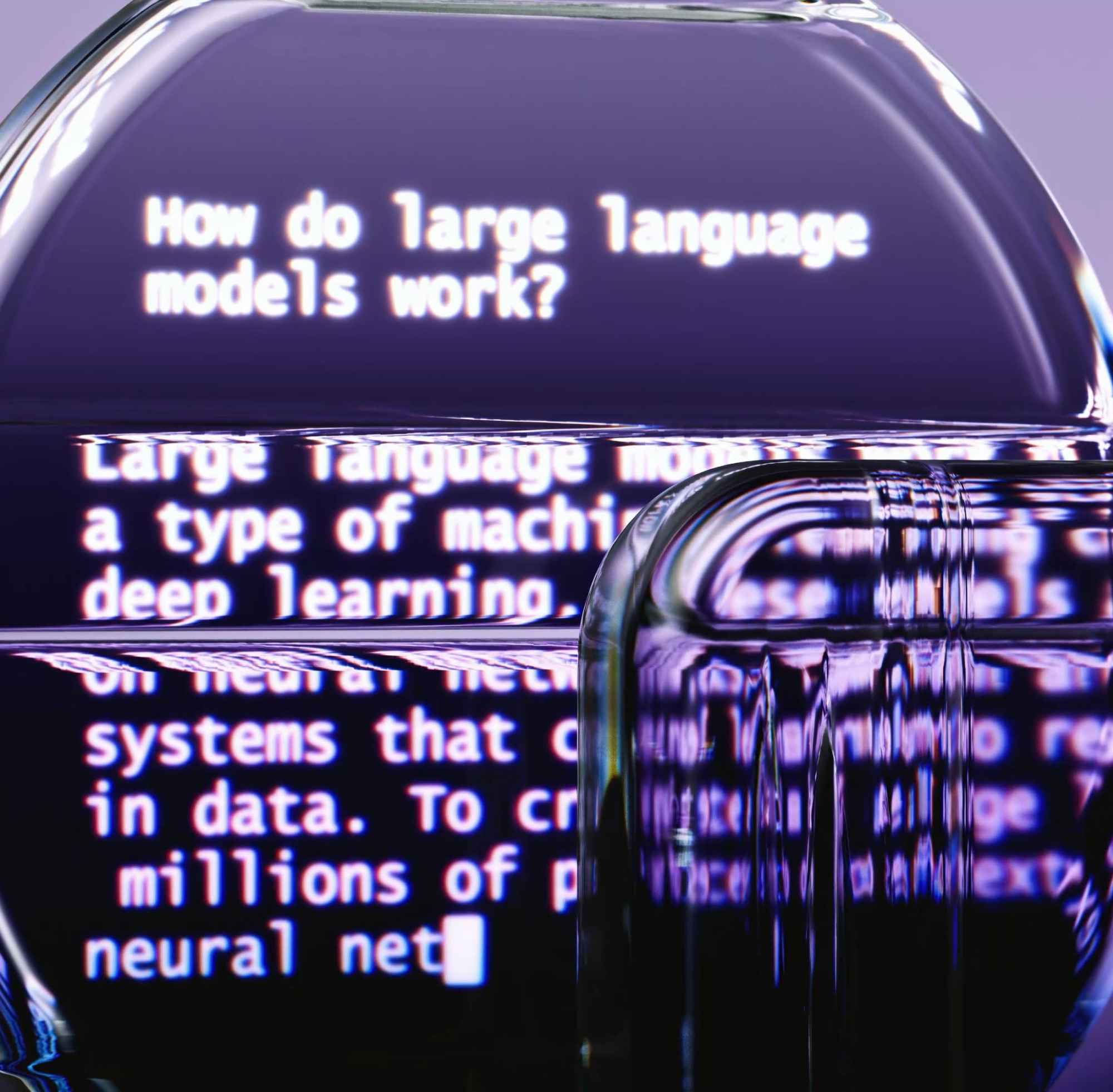 Large Language model text and code under glass